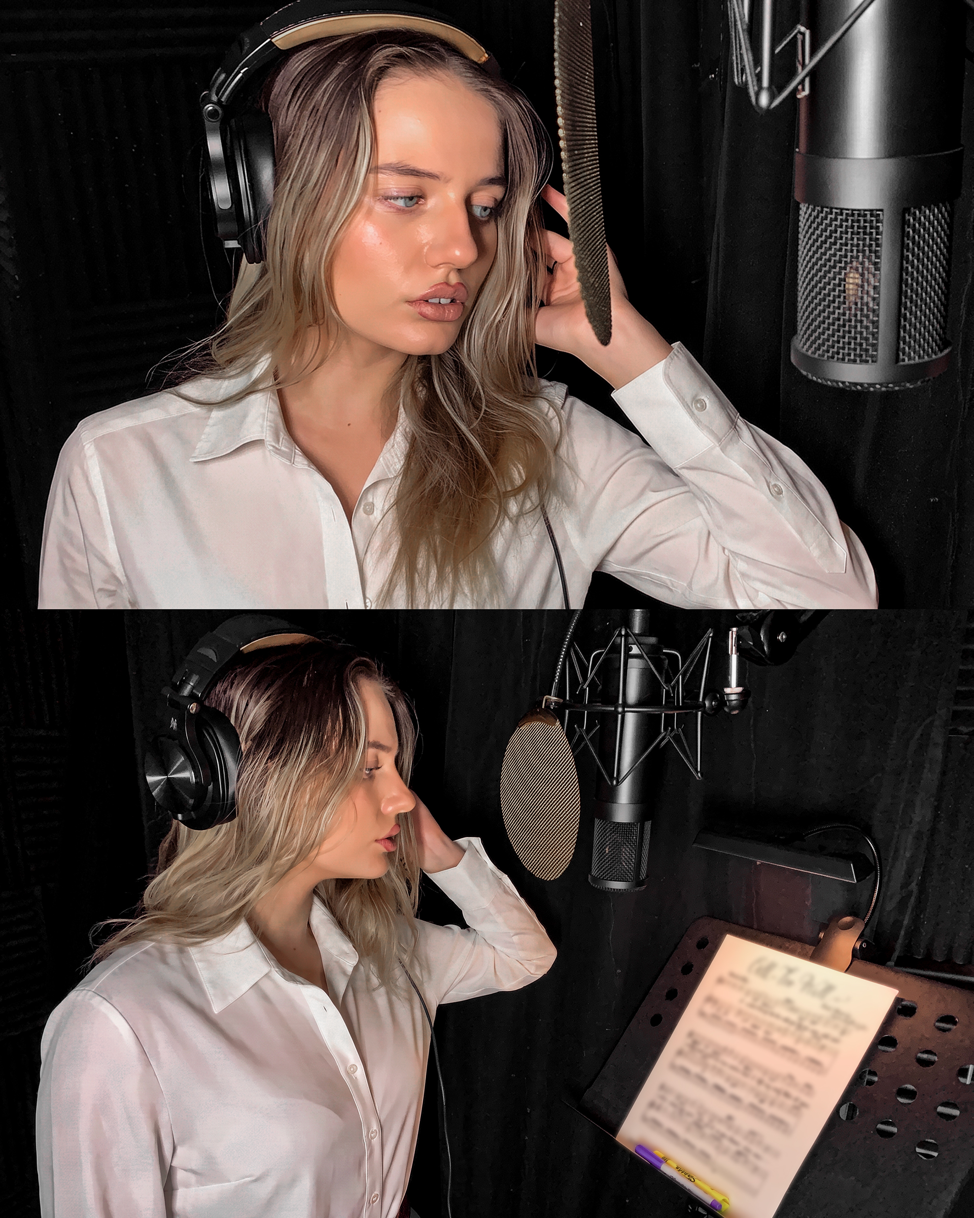 Alexa Oaks in a recording studio: above, close in headphones at the microphone; below, reading from the score on the stand in front of her.